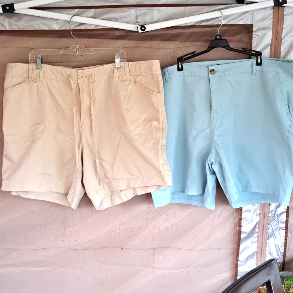 Two pairs of plus sz shorts one Tan one Light Blue single,  or Bundle will sep.